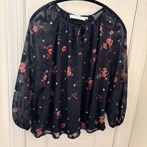 Astr The Label Anthropologie Black Floral Sheer Blouse size S runs larger